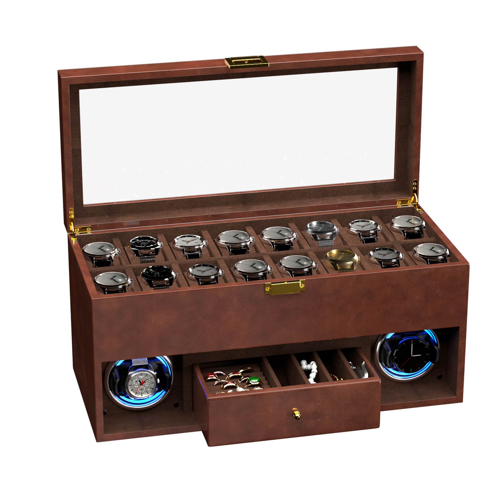Luxury Radio-Style 2 Watch Winder with LED Light & 16-Slot Storage Box - Brown