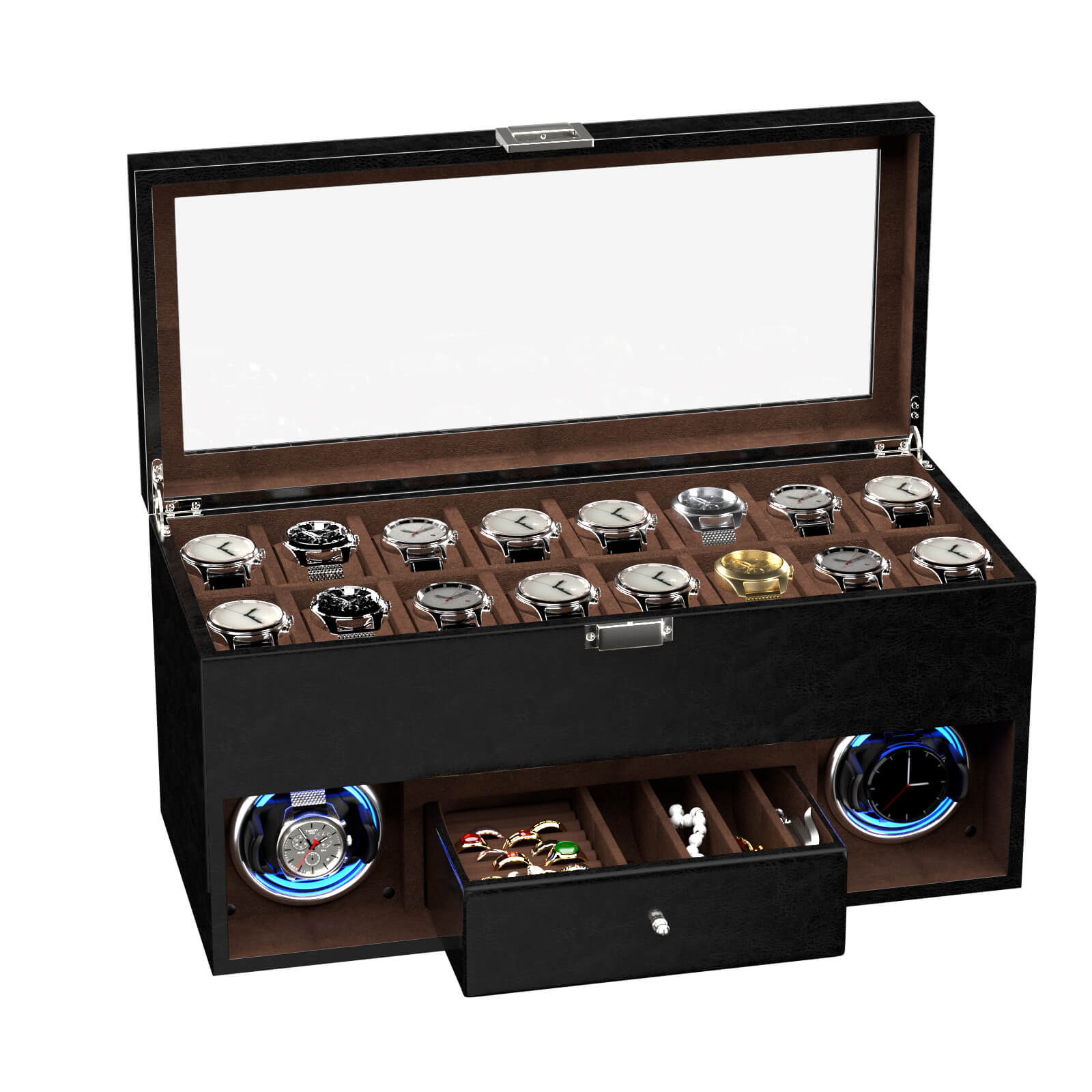 Verrouillage D'empreinte Digitale 3 Remontoirs De Montres Avec Télécommande LCD De Stockage Supplémentaire De 4 Montres - Noir