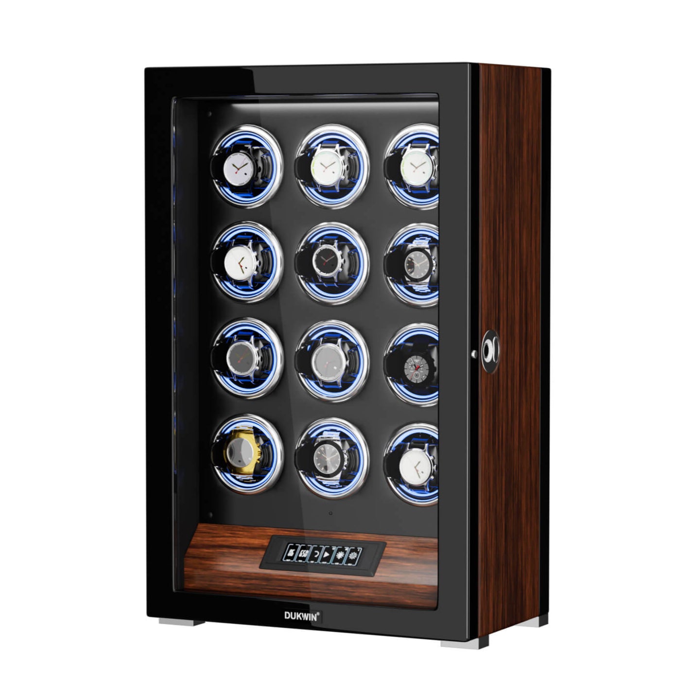 12 Watch Winders with Fingerprint Unlock RGB Light LCD Remote Control Ultra Quiet Motor - Walnut