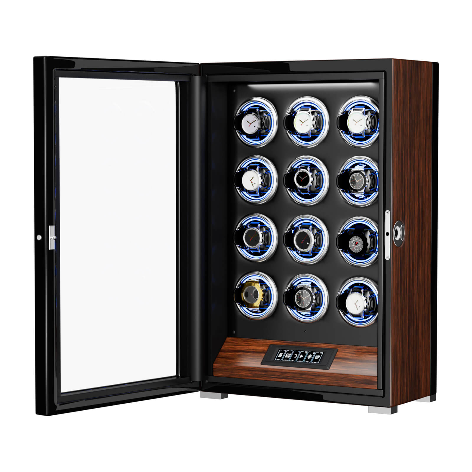 12 Watch Winders with Fingerprint Unlock RGB Light LCD Remote Control Ultra Quiet Motor - Walnut