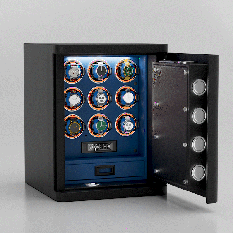 Heavy Full-Steel 9 Watch Safe – Fingerprint Access, Digital Keypad Lock & RGB Illumination - Blue