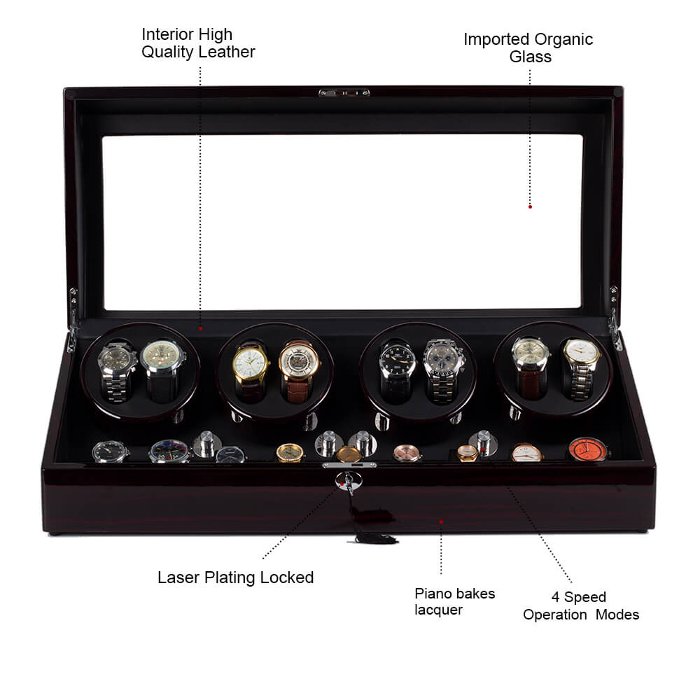 Large Size - 8 Watch Winder Large Storage Quiet Mabuchi Motors with Lock - Ebony