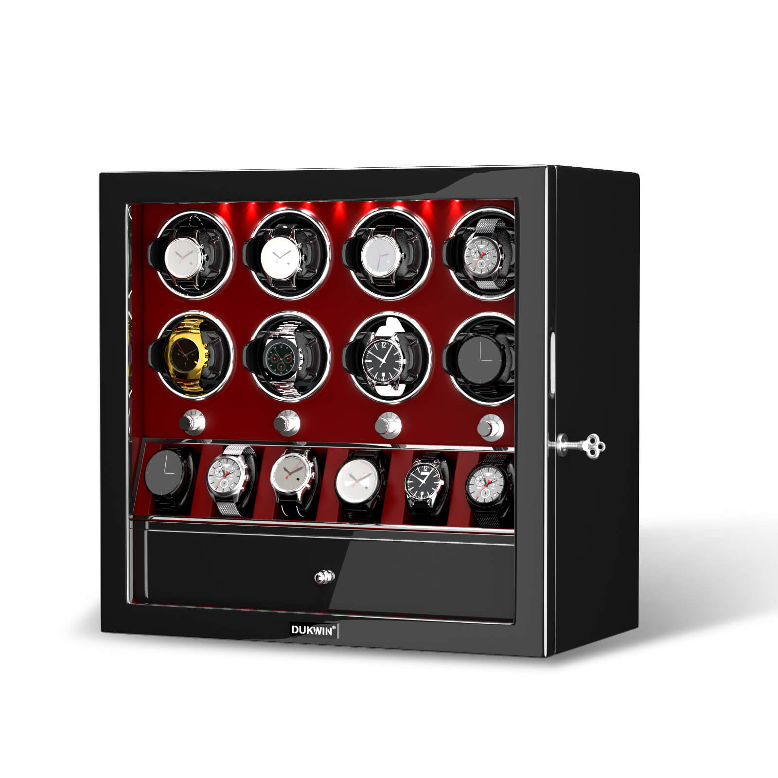 8 Watch Winders with 6 Watches Organizer Case Automatic Rotation - Red