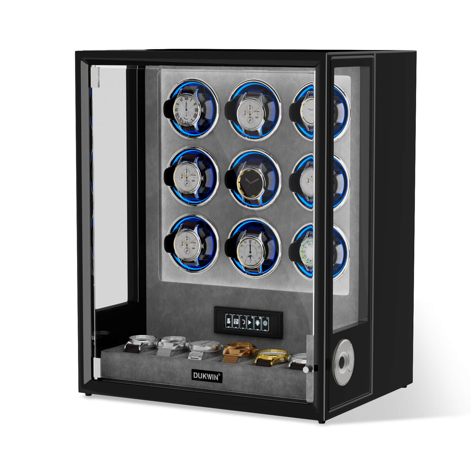 Verrouillage D'empreinte Digitale 3 Remontoirs De Montres Avec Télécommande LCD De Stockage Supplémentaire De 4 Montres - Noir