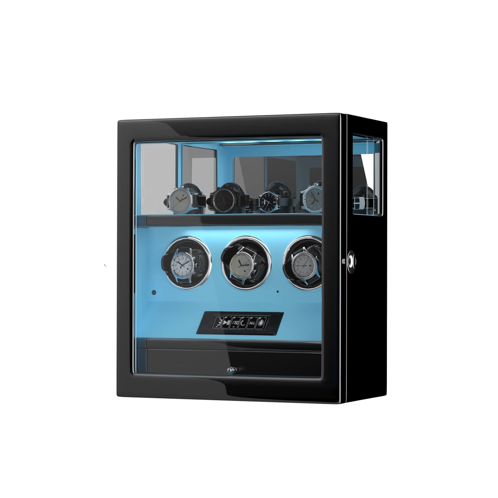 Cadeau de Saint-Valentin - Remontoir à 3 montres avec serrure à empreinte digitale, rangement pour 4 montres supplémentaires, télécommande LCD - Bleu Tiffany