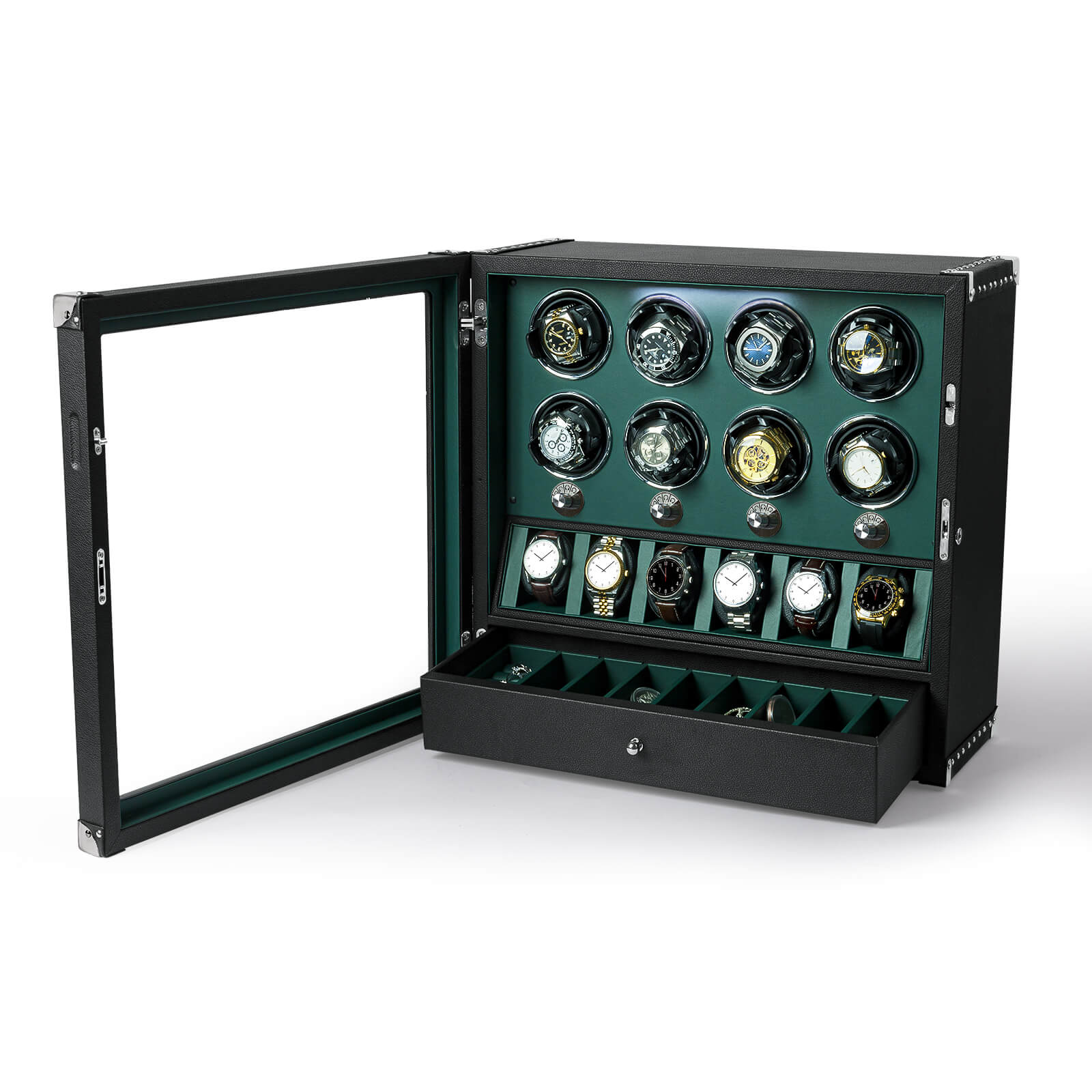 Wear-Resistant Microfiber - 8 Automatic Watch Winders with 6 Display Organizer - Green