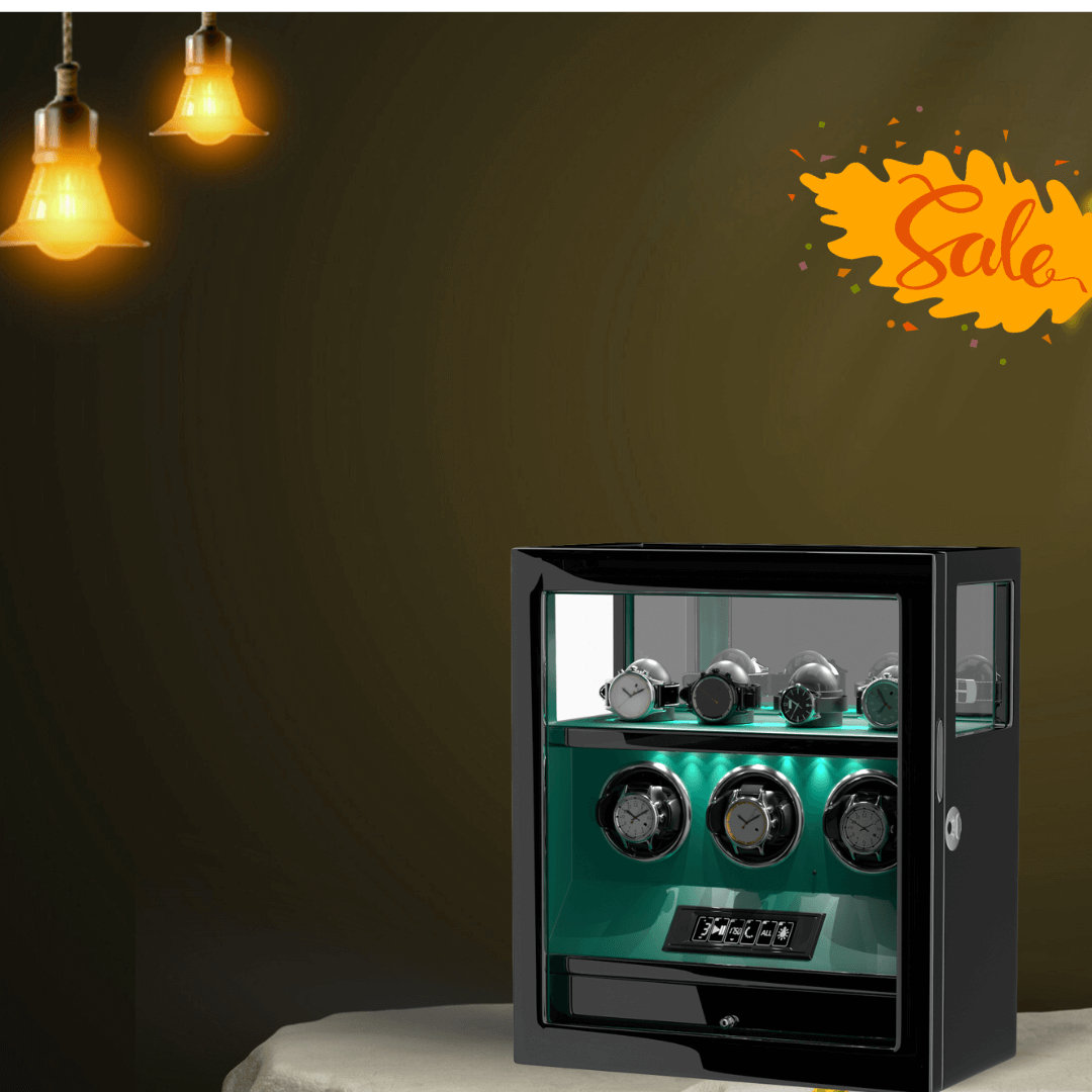Fingerprint Lock 3 Watch Winders with Extra Watches Storage LCD Remote Control - Green