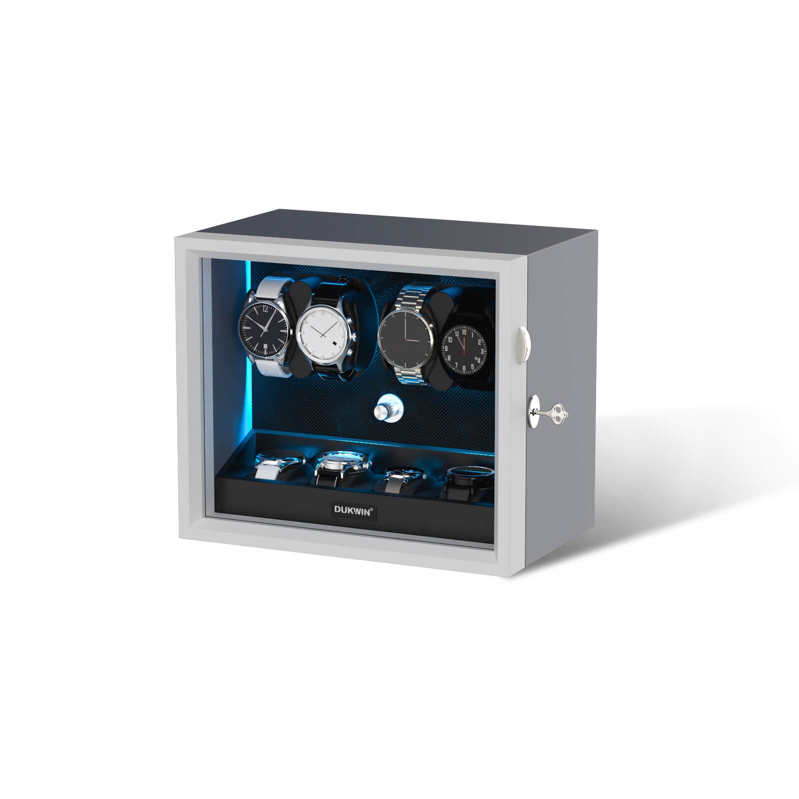 4 + 4 Watch Winder with Extra Storages Aurora Blue Light Quiet Motors - Silken Grey