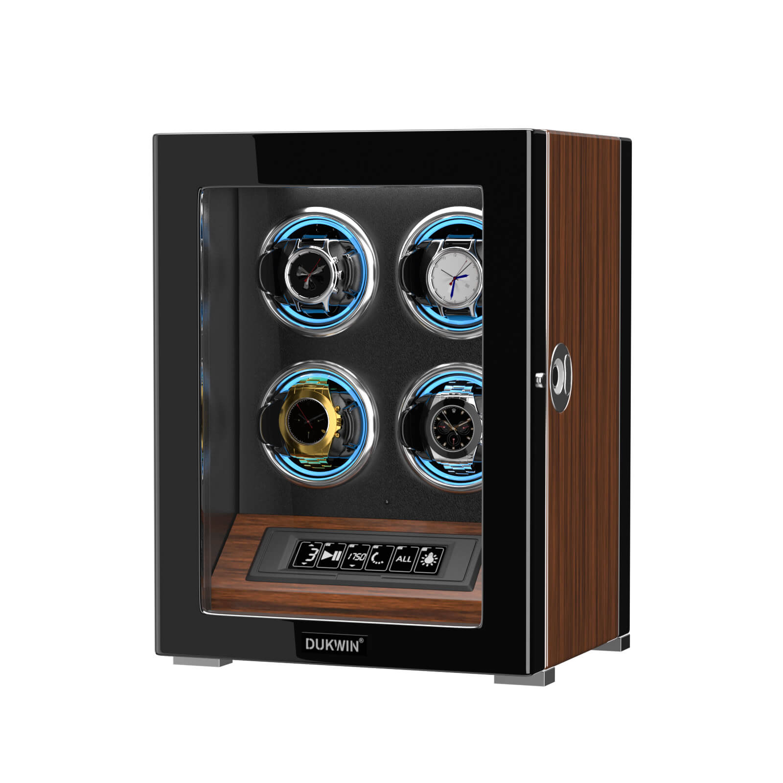 4 Remontoirs De Montres Avec Déverrouillage D'empreintes Digitales Lumière RVB Télécommande LCD Moteur Ultra Silencieux - Noyer