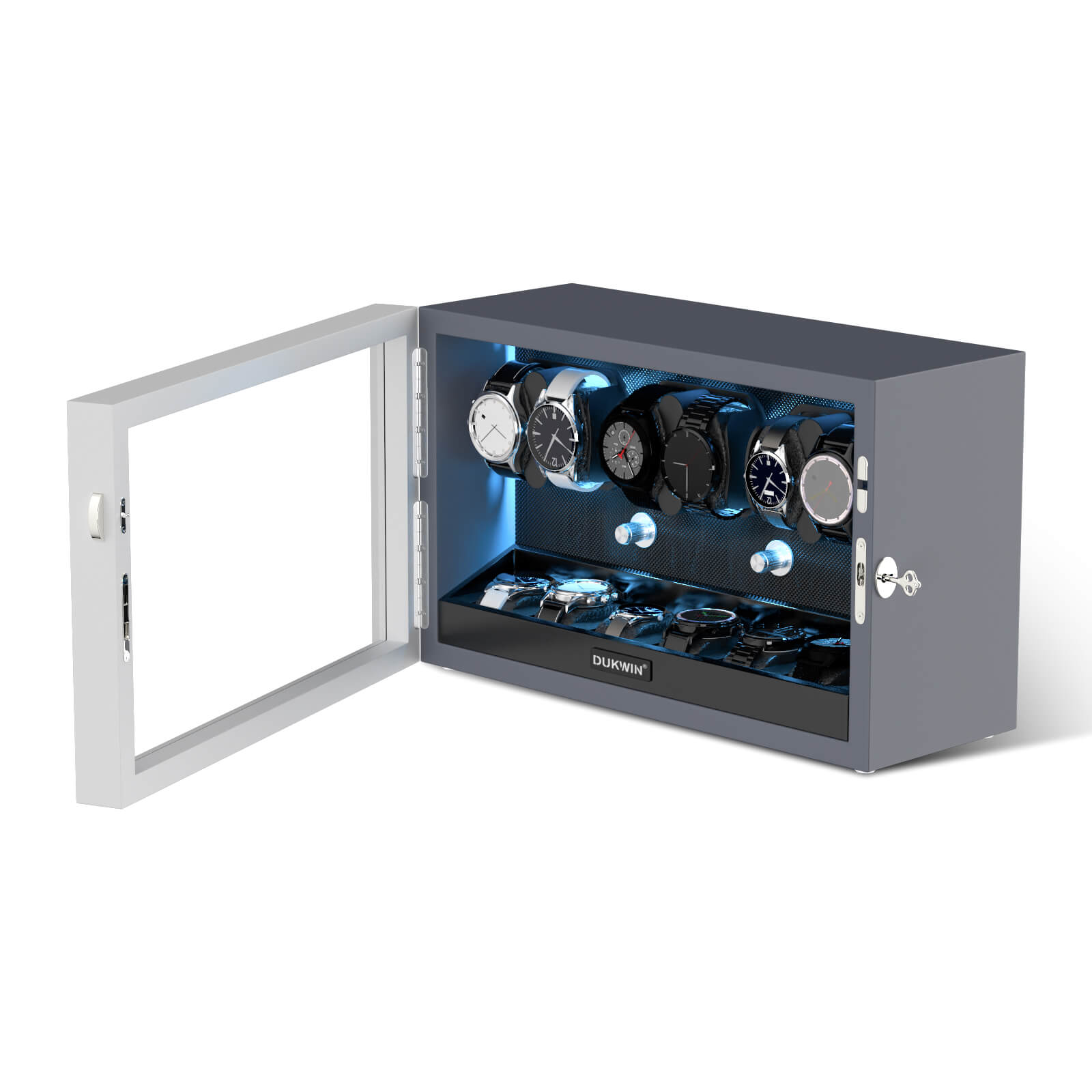 6 + 6 Watch Winder with Extra Storages Aurora Blue Light Quiet Motors - Silken Grey