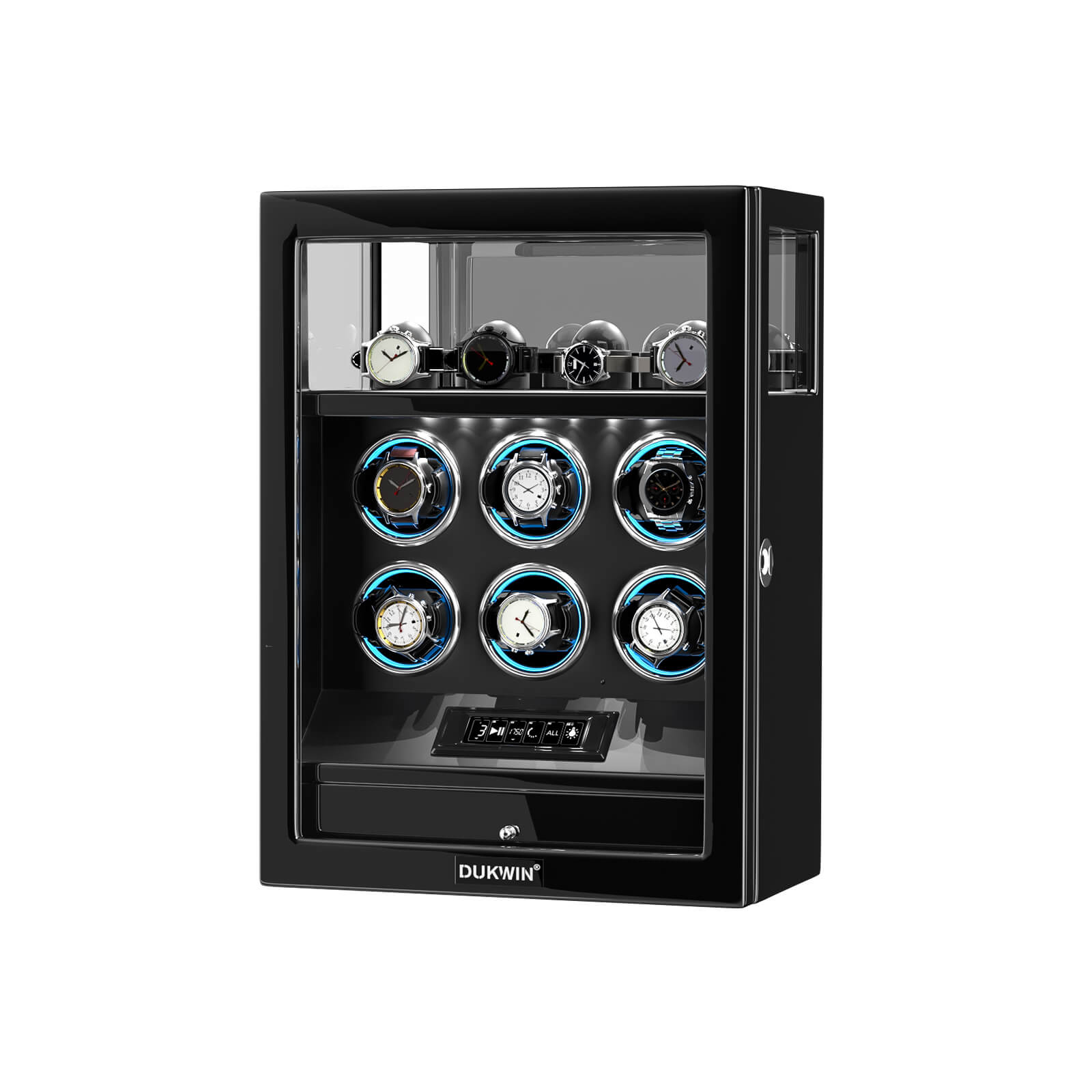 Verrouillage D'empreintes Digitales 6 Remontoirs De Montres Avec Télécommande LCD De Stockage De Montres Supplémentaires - Noir