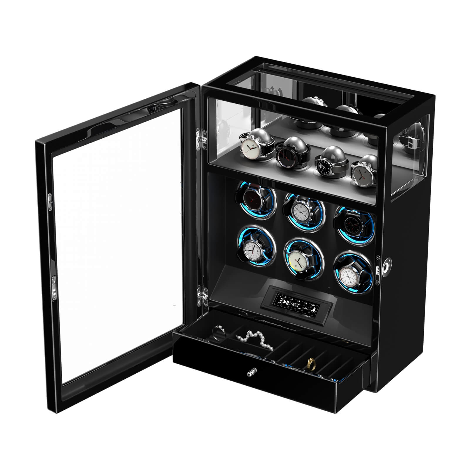 Verrouillage D'empreintes Digitales 6 Remontoirs De Montres Avec Télécommande LCD De Stockage De Montres Supplémentaires - Noir