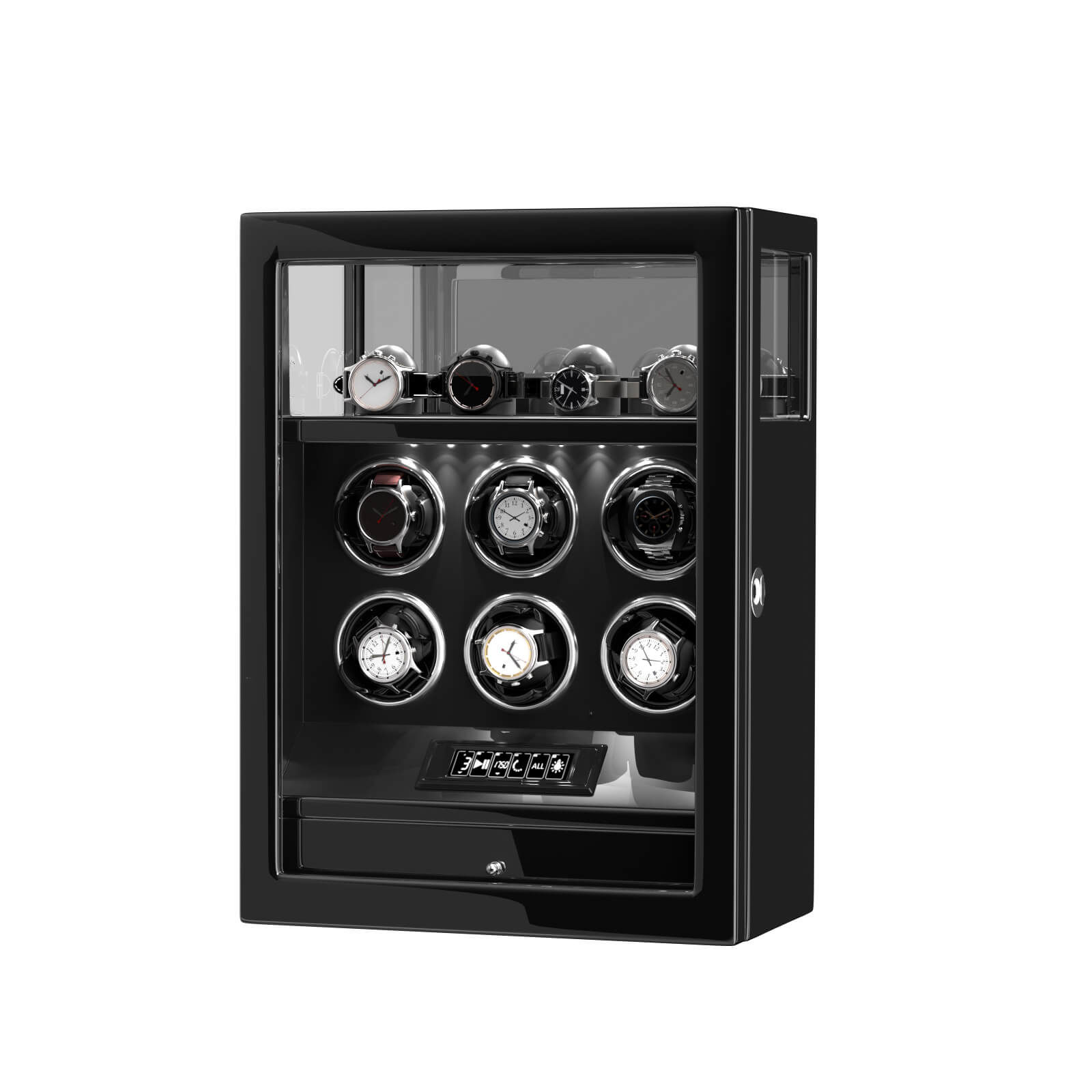 Verrouillage D'empreintes Digitales 6 Remontoirs De Montres Avec Télécommande LCD De Stockage De Montres Supplémentaires - Noir