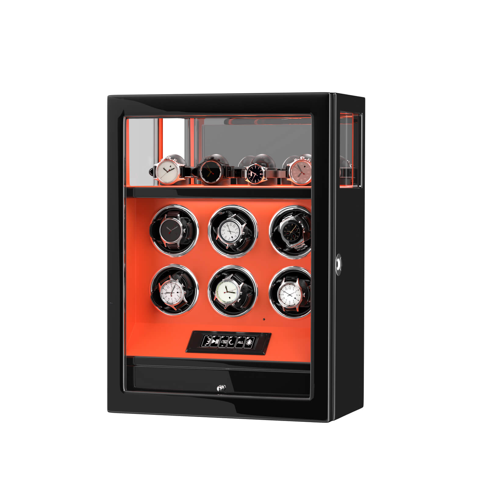 Verrouillage D'empreinte Digitale 6 Remontoirs De Montres Avec Télécommande LCD De Stockage De Montres Supplémentaires - Orange Flamme