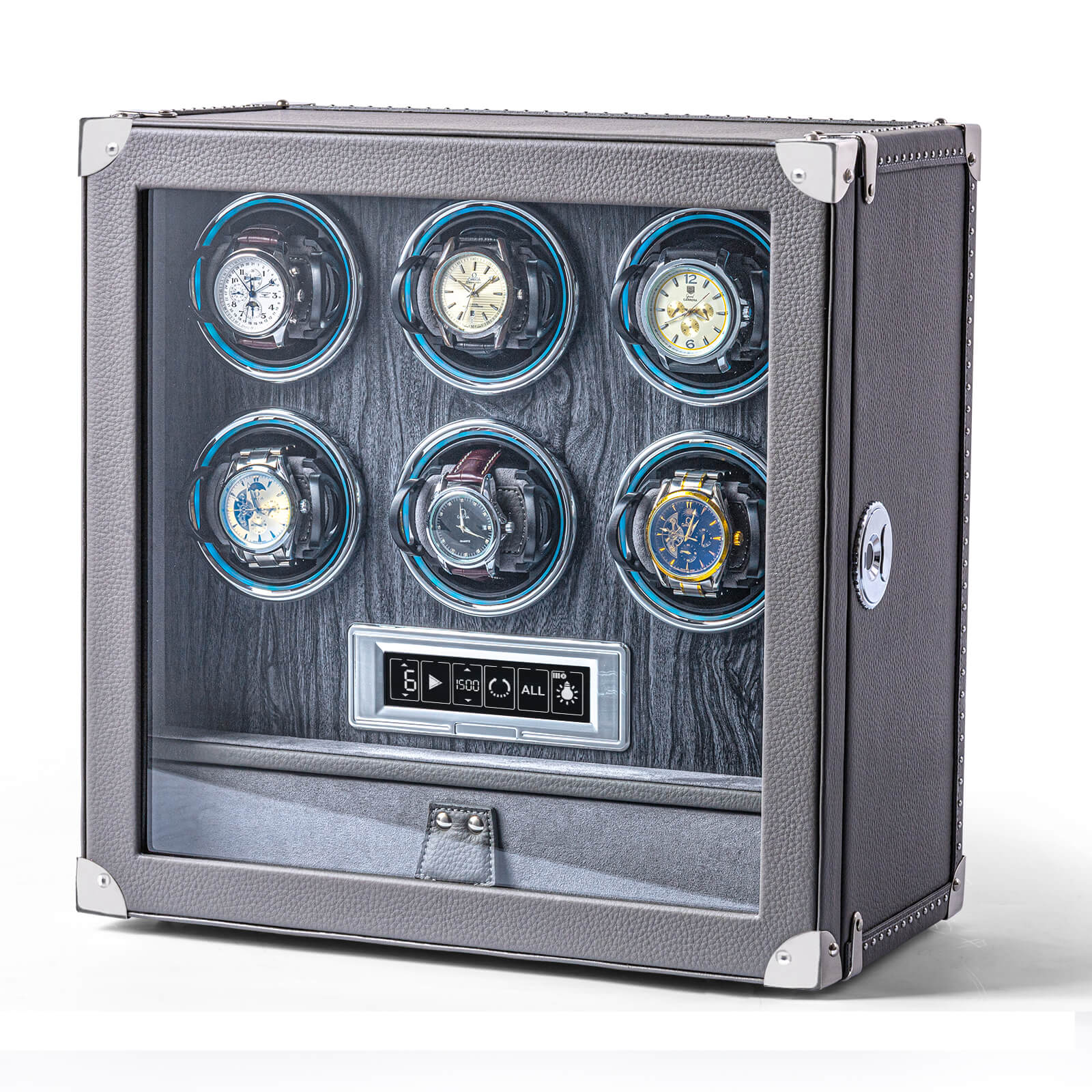 Leather 6 Watch Winder with Drawer | Fingerprint Lock | Digital Display - Slate Gray
