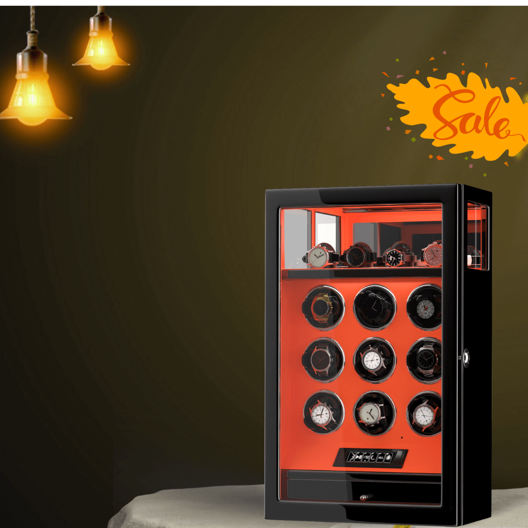 Fingerprint Lock 9 Watch Winders with Extra 4 Watches Storage LCD Remote Control - Flame Orange