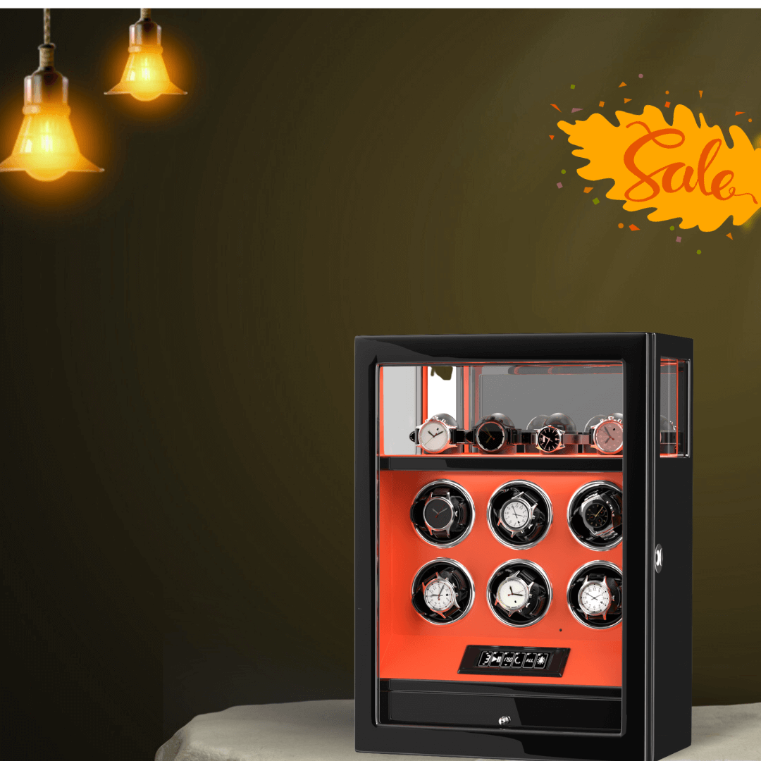 Fingerprint Lock 6 Watch Winders with Extra Watches Storage LCD Remote Control - Flame Orange