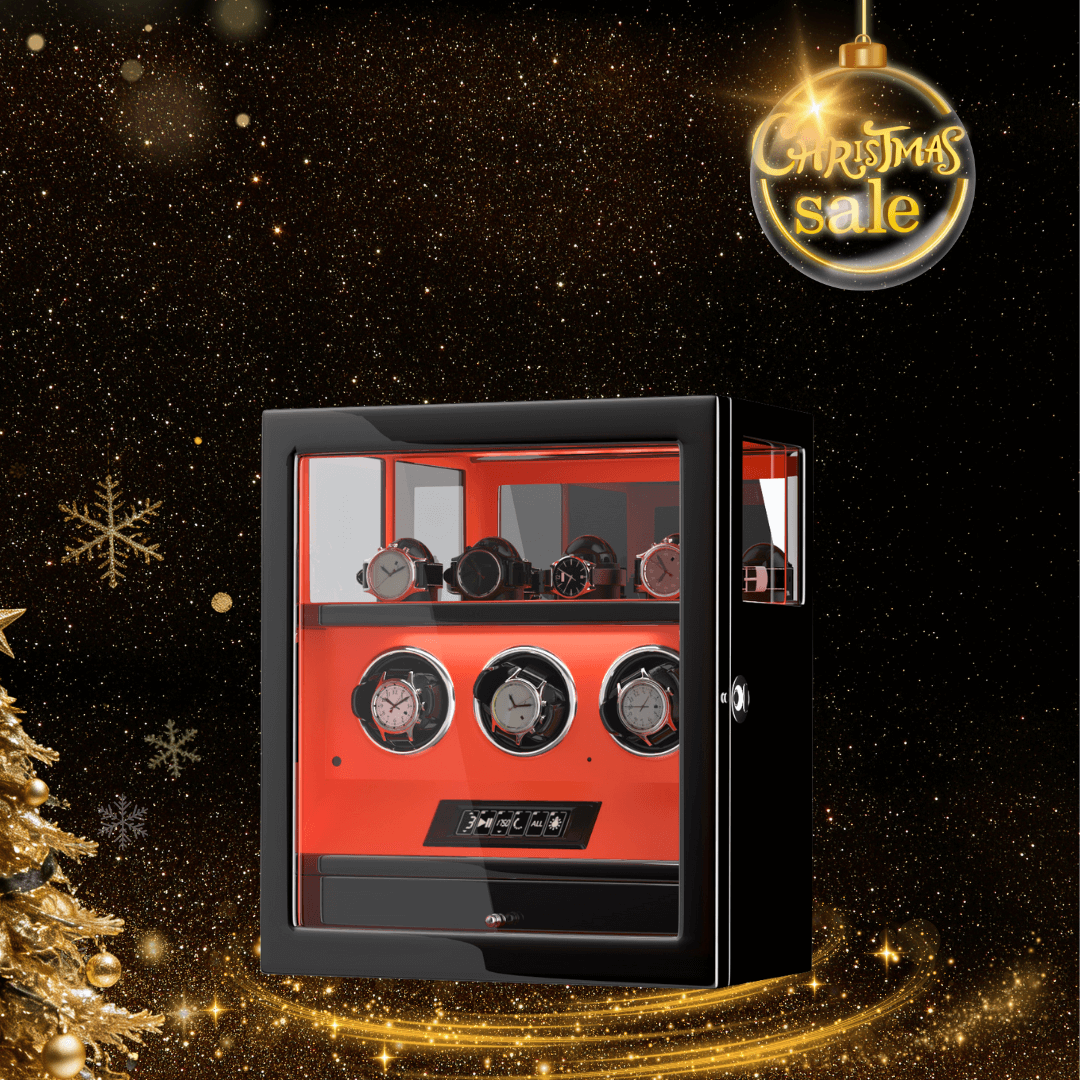 Fingerprint Lock 3 Watch Winders with Extra 4 Watches Storage LCD Remote Control - Flame Orange