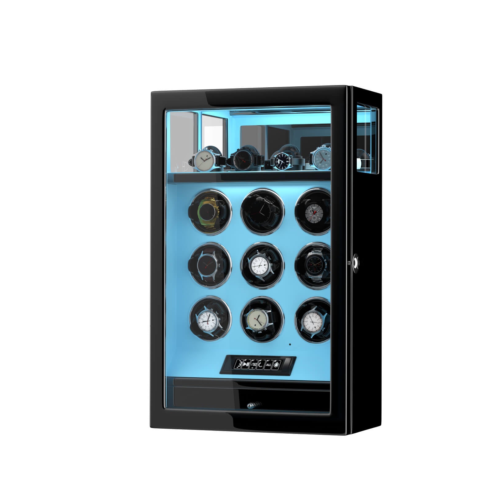 Fingerprint Lock 9 Watch Winders with Extra 4 Watches Storage LCD Remote Control - Tiffany Blue