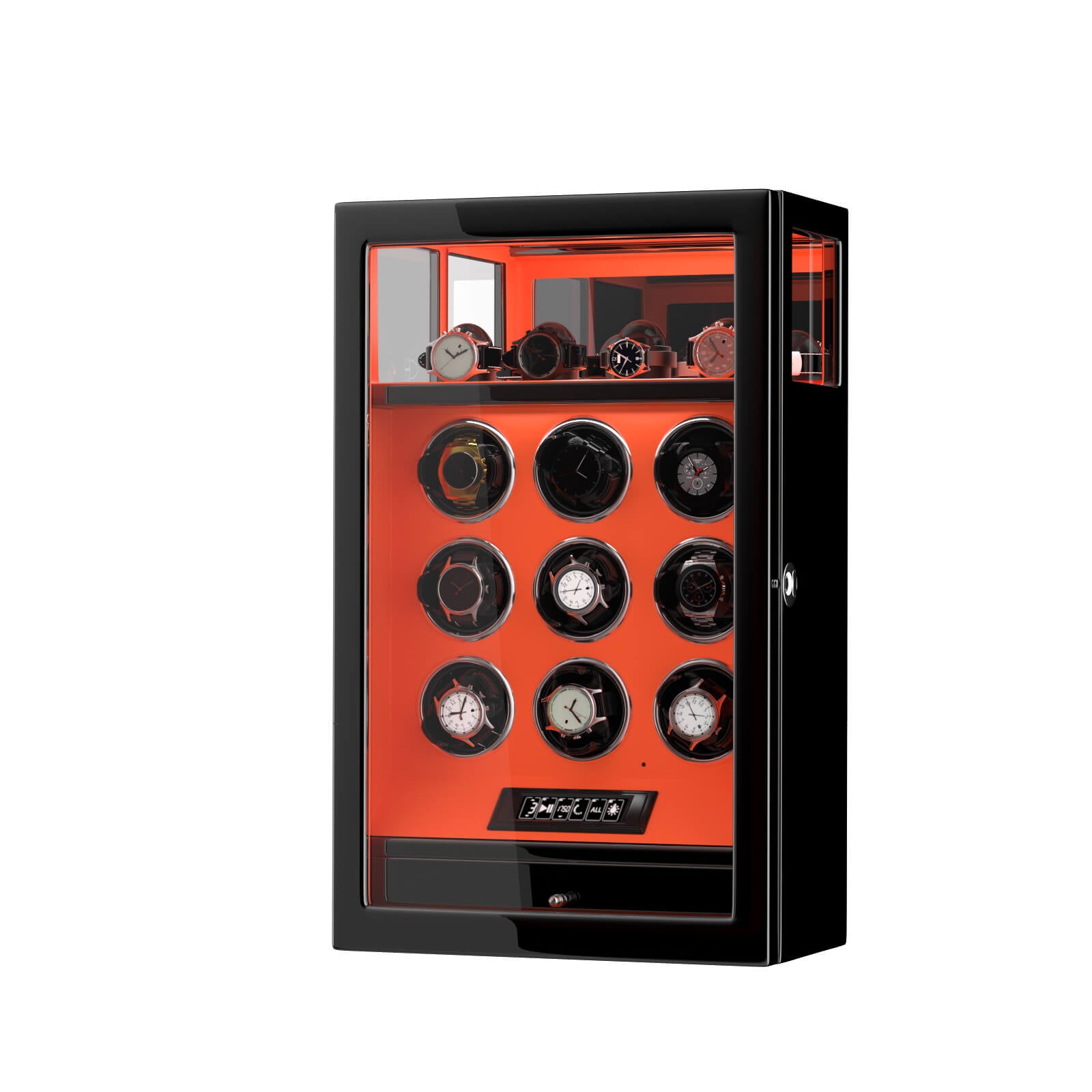 Remontoir à 9 montres avec verrouillage par empreinte digitale et rangement supplémentaire pour 4 montres, télécommande LCD - Orange flamme