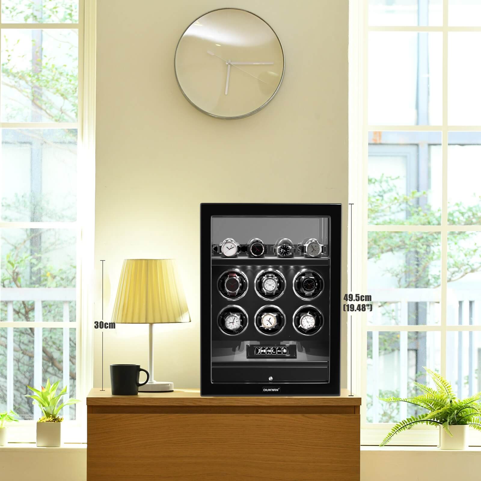 Fingerprint Lock 6 Watch Winders with Extra Watches Storage LCD Remote Control - Black