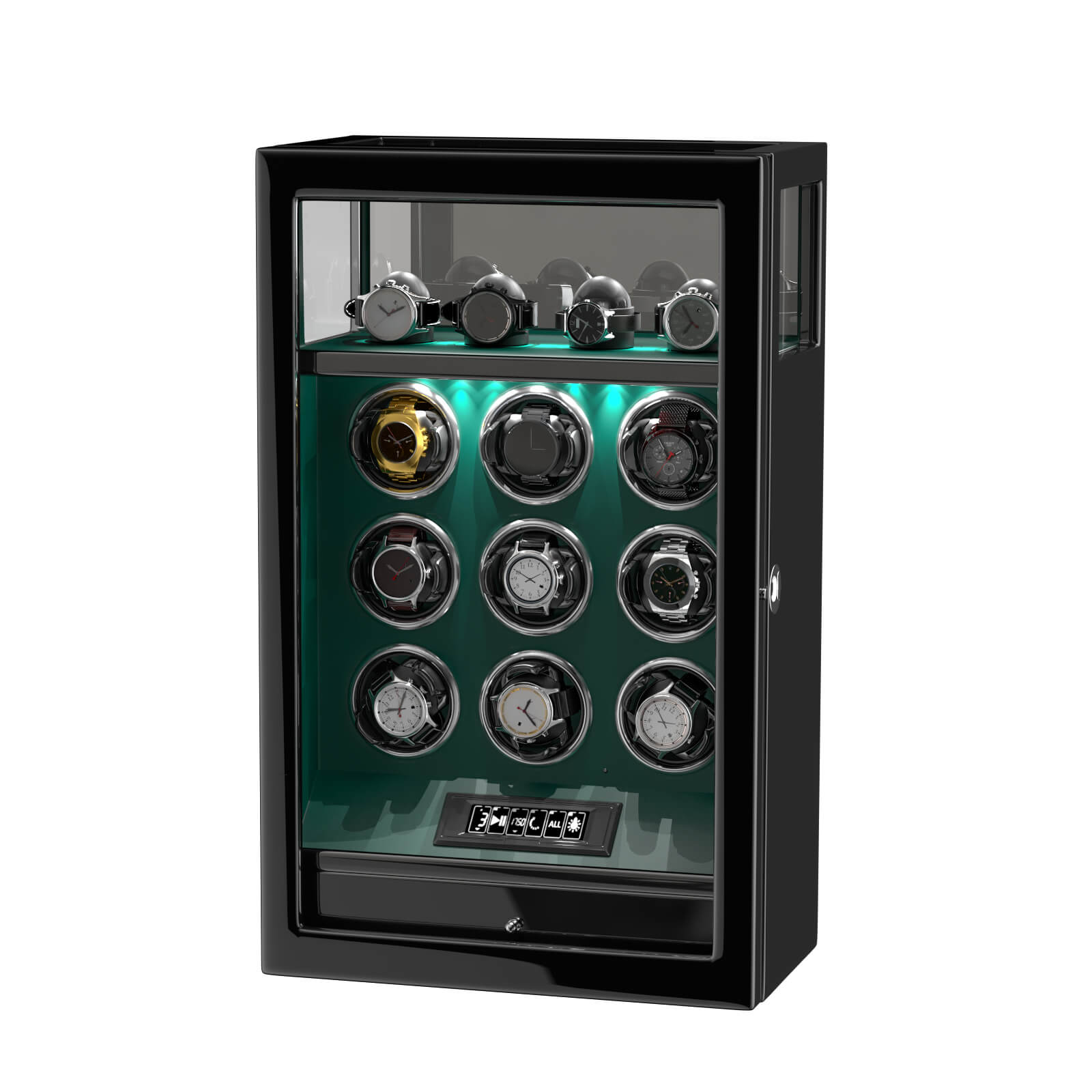 Verrouillage D'empreinte Digitale 9 Remontoirs De Montre Avec 4 Supports De Montre Stockage Télécommande LCD - Vert