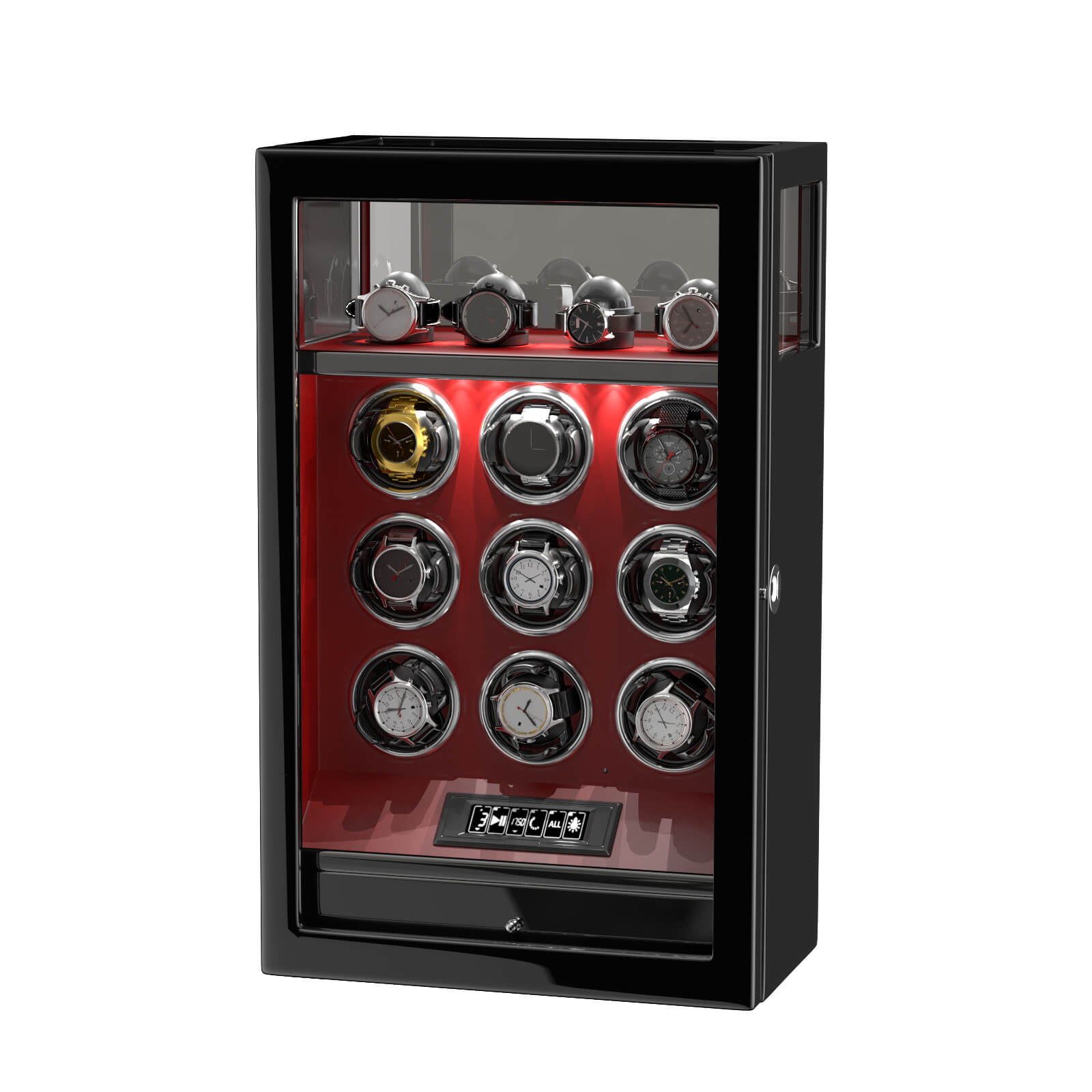 Verrouillage D'empreinte Digitale 9 Remontoirs De Montre Avec 4 Supports De Montre Stockage Télécommande LCD - Rouge