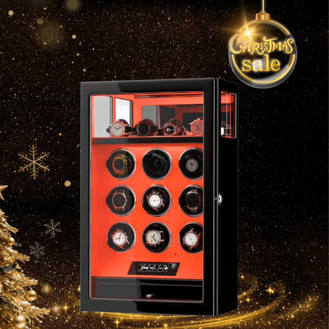 Fingerprint Lock 9 Watch Winders with Extra 4 Watches Storage LCD Remote Control - Flame Orange