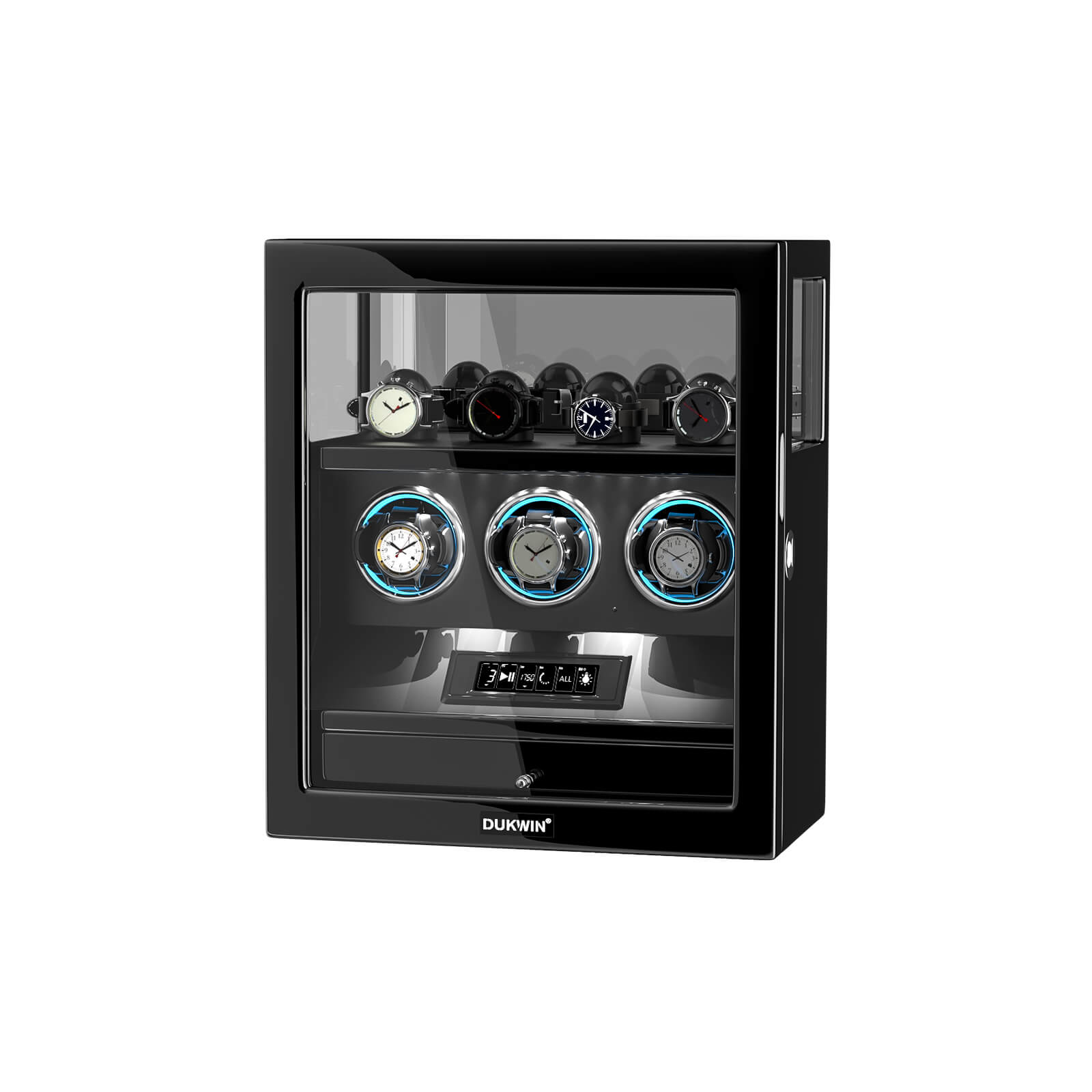 Fingerprint Lock 3 Watch Winders with RGB LED Lighting & Extra Watch Storage – Black