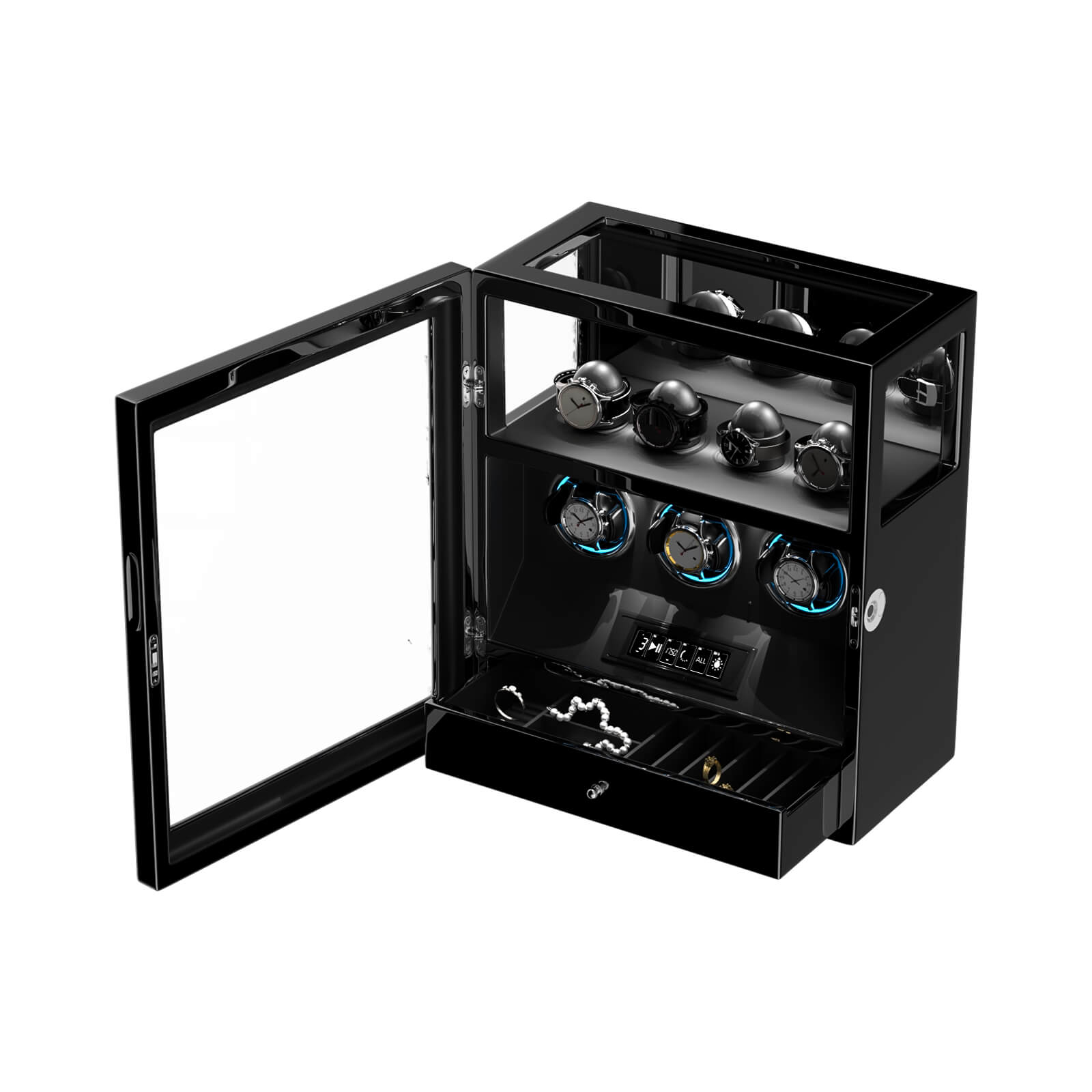 Fingerprint Lock 3 Watch Winders with RGB LED Lighting & Extra Watch Storage – Black