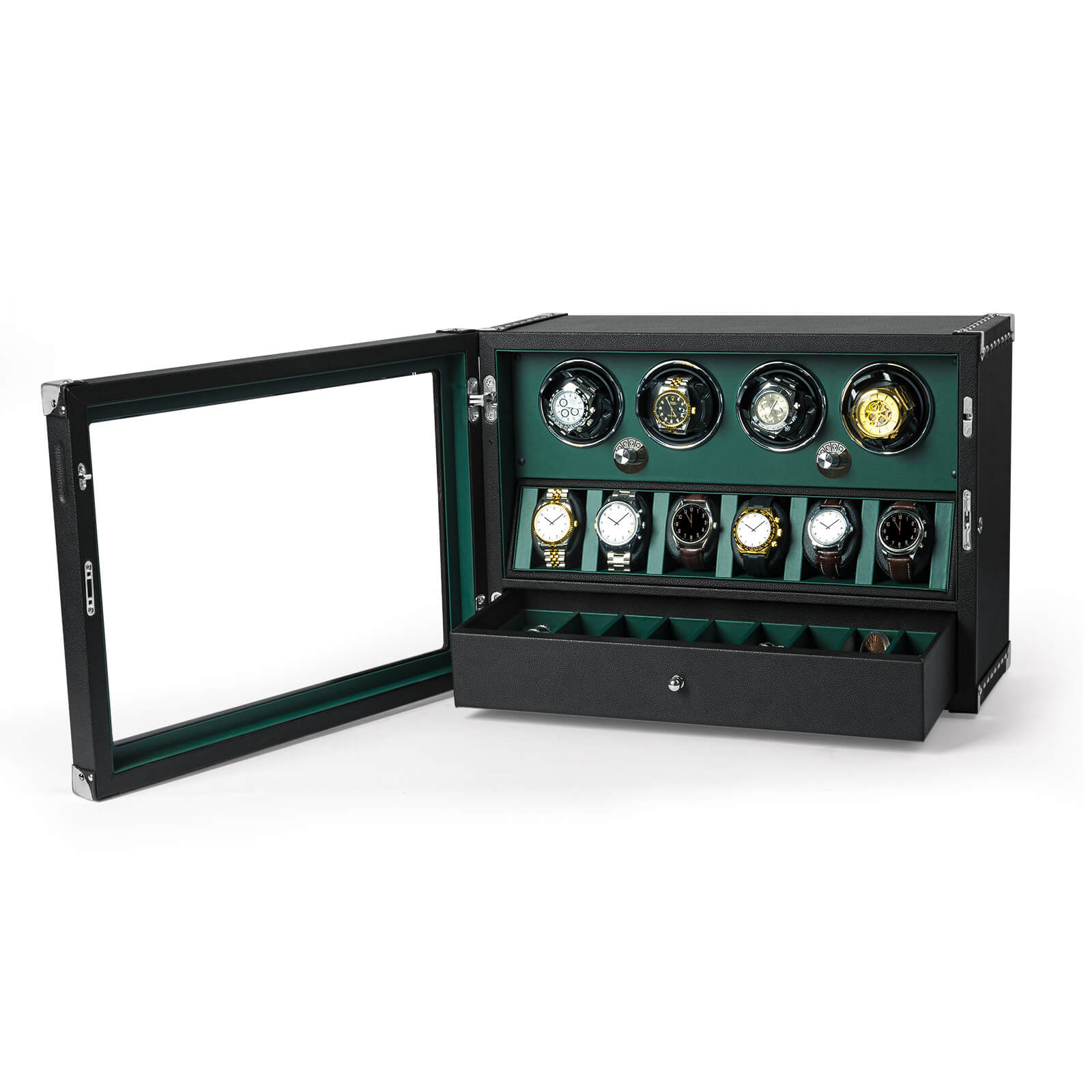 4 remontoirs de montres pour montres automatiques avec organisateur d'affichage de 6 montres - Vert