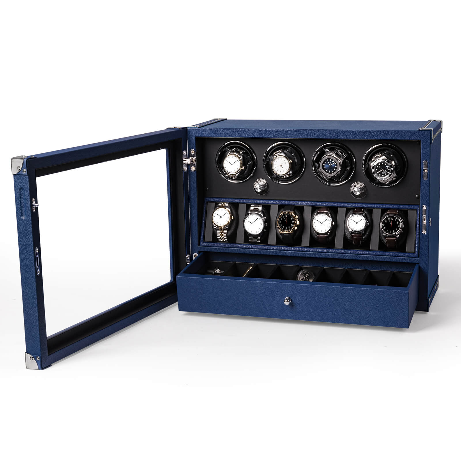 Wear-Resistant Microfiber - 4 Automatic Watch Winders with 6 Display Organizer - Blue