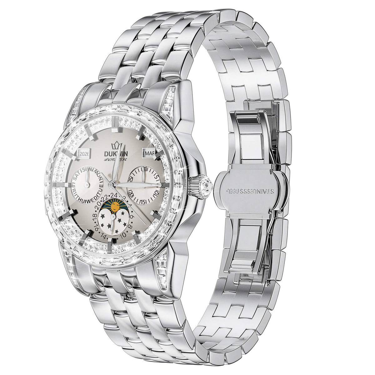 Lunar Dawn - Montre mécanique automatique pour homme avec zircone, phase de lune et calendrier perpétuel | Remontoir de précision inclus en bonus