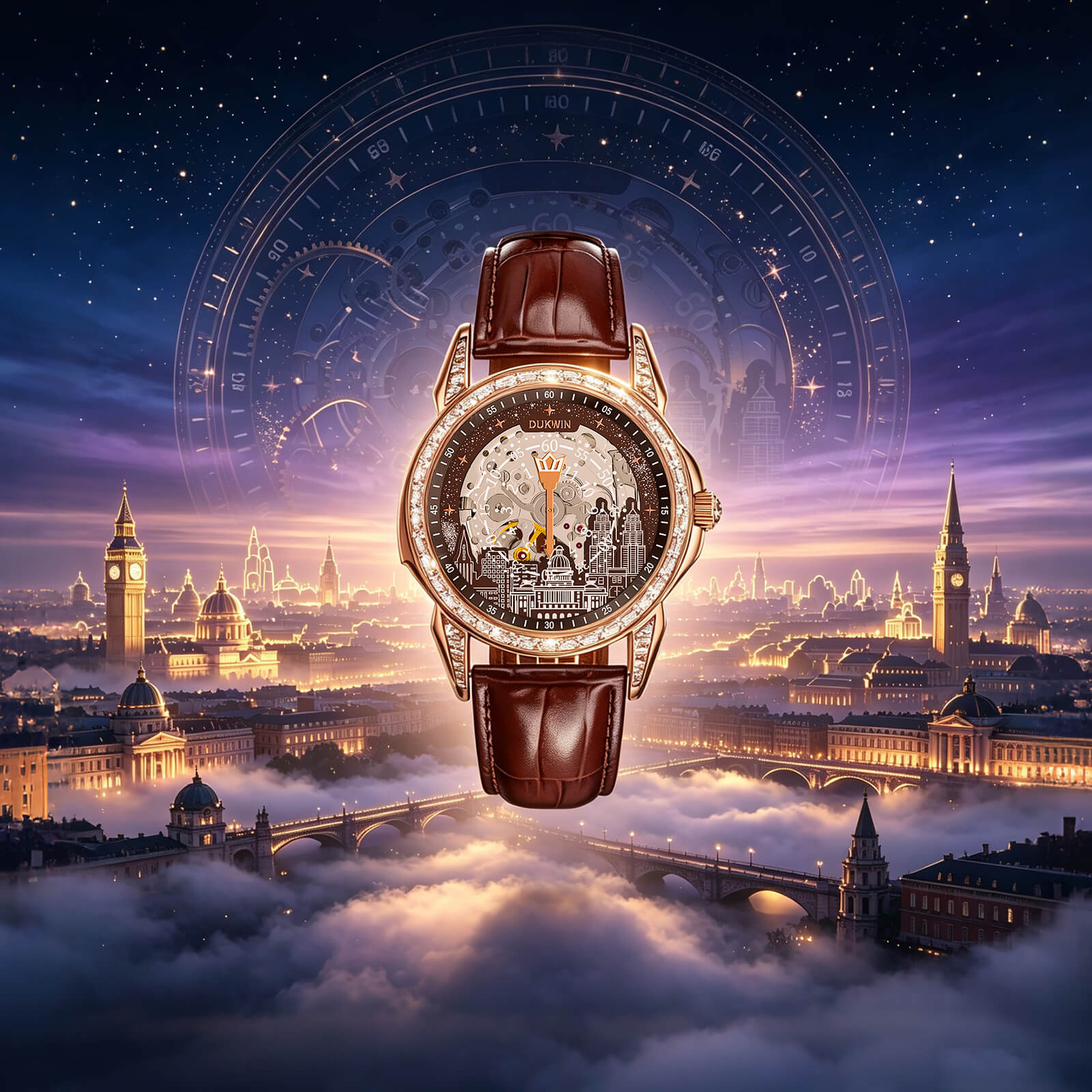 Montre automatique mécanique Aetheris Civitas 82S0 pour homme – Cadran artistique paysage urbain