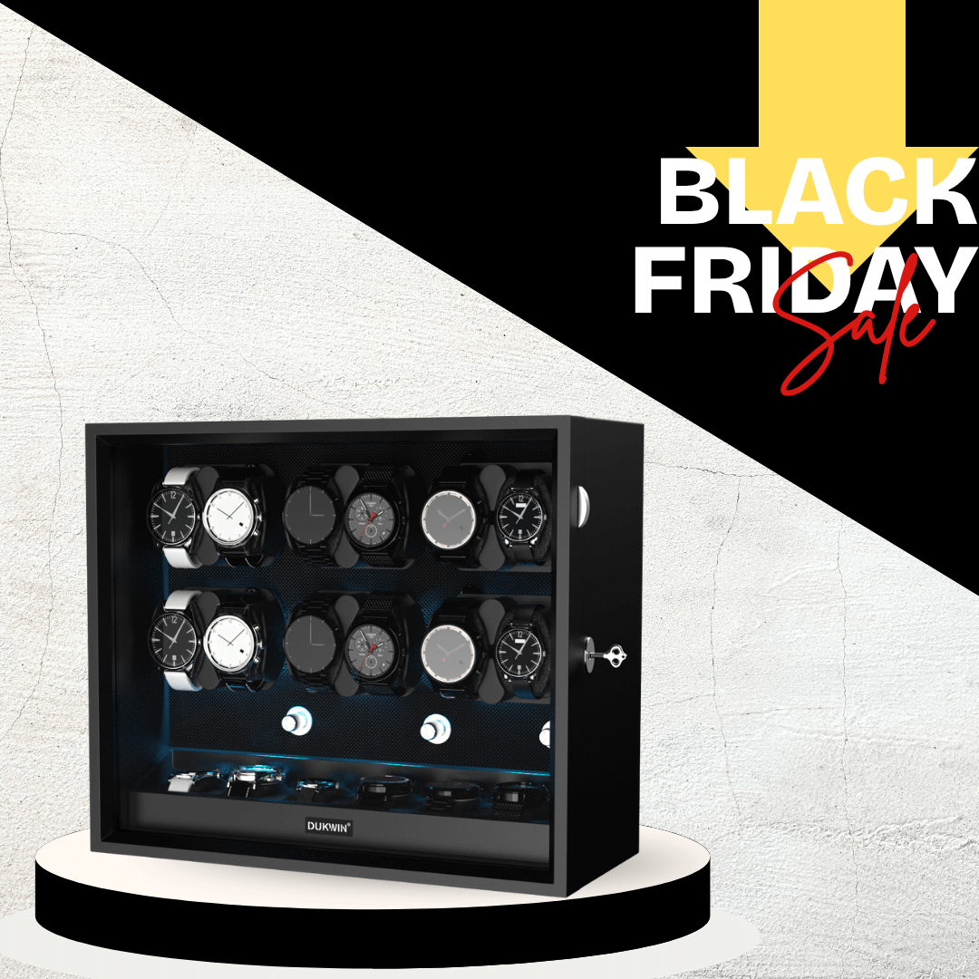 Remontoir 12 + 6 montres avec rangements supplémentaires Moteurs silencieux Aurora Blue Light - Noir