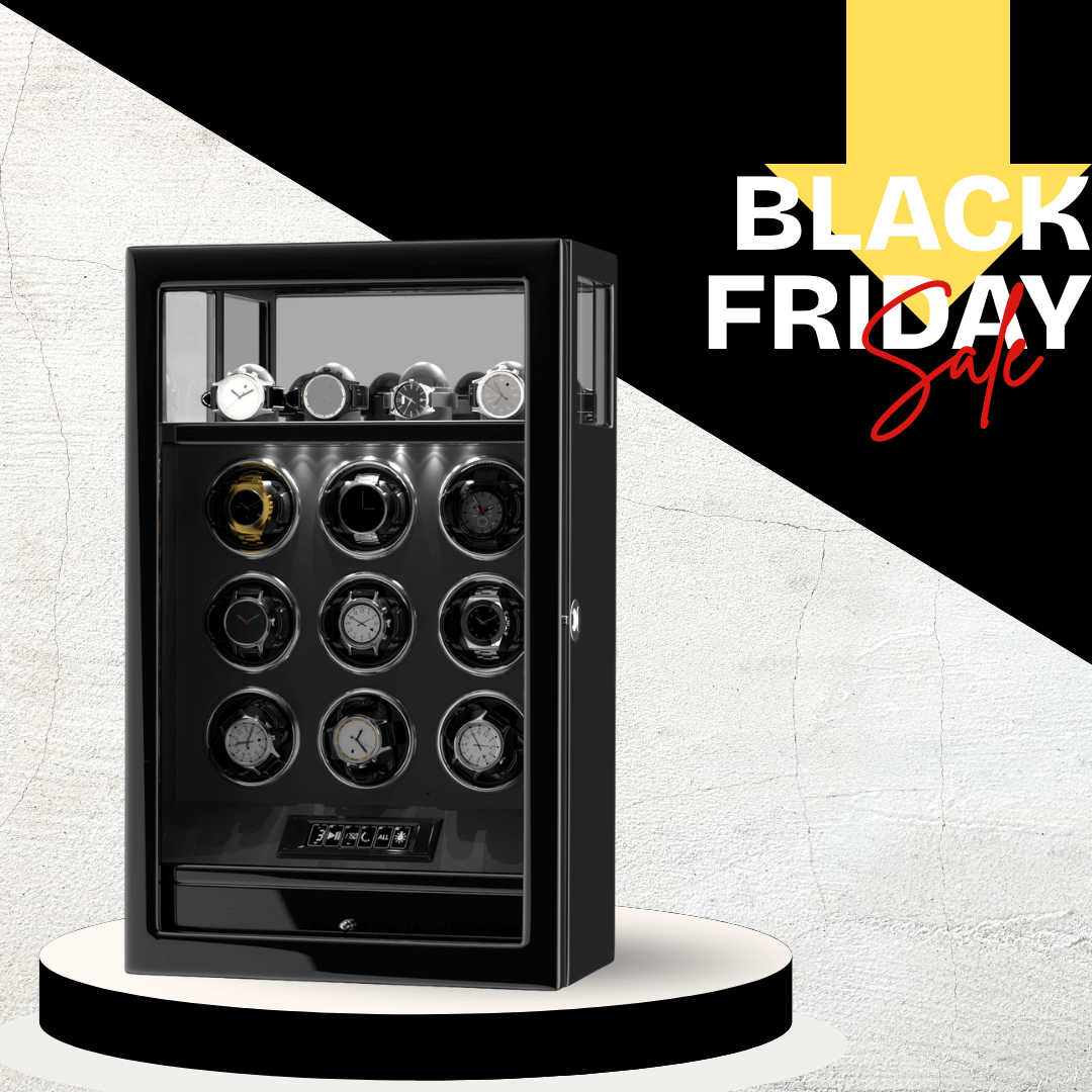 Remontoir pour 9 montres avec rangement supplémentaire pour 4 montres, télécommande LCD, verrouillage par empreinte digitale/verrouillage par clé - Noir