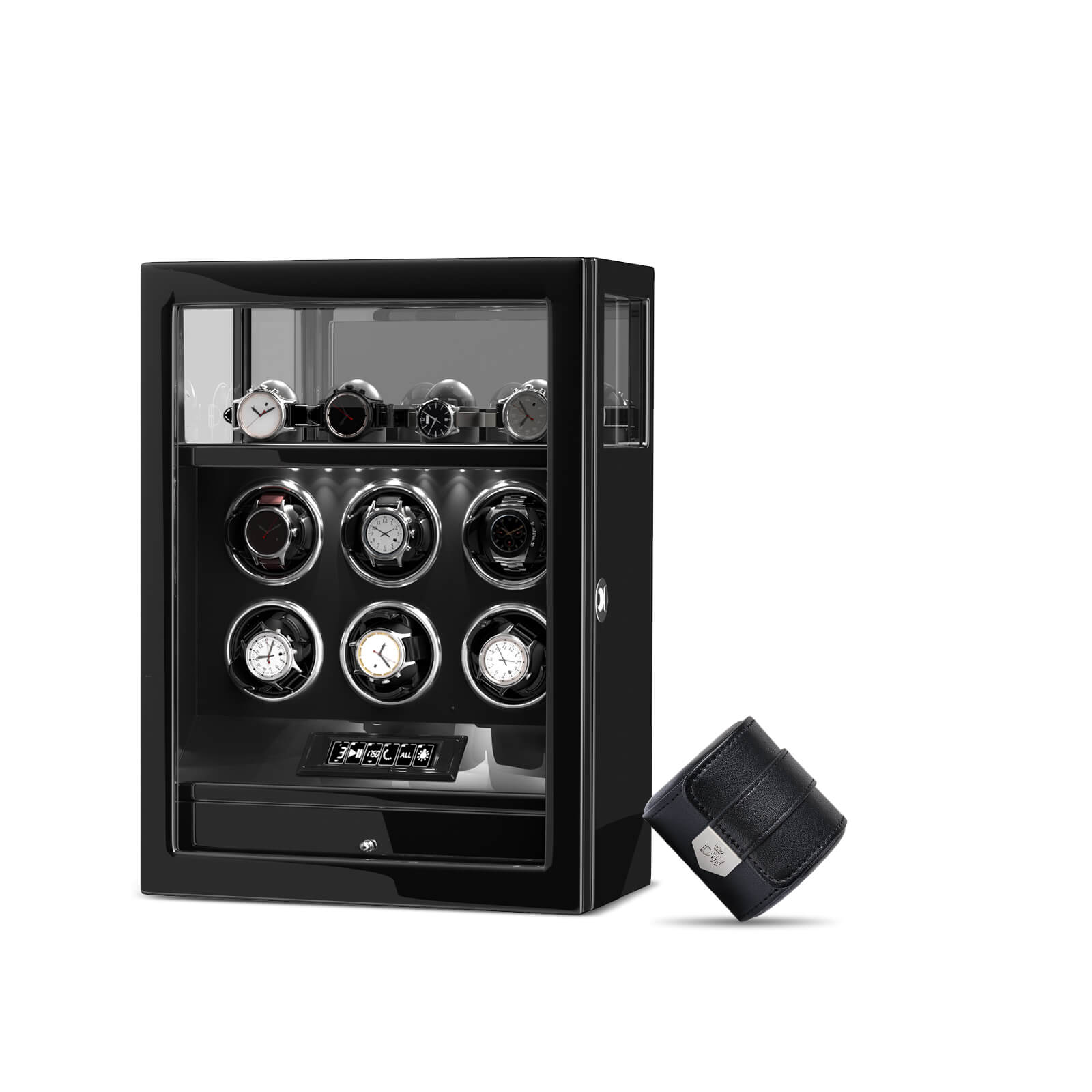 Gift Set: Fingerprint 6 Watch Winder + Vegan Leather Single Wacth Roll