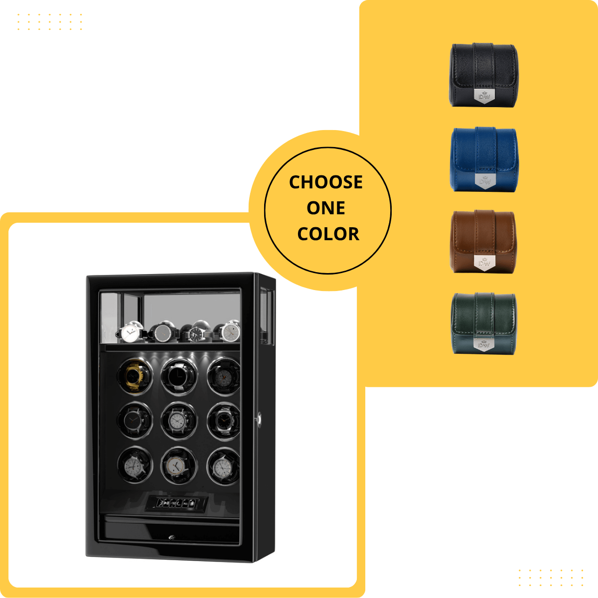 Gift Set: Fingerprint 9 Watch Winder + Vegan Leather Single Wacth Roll