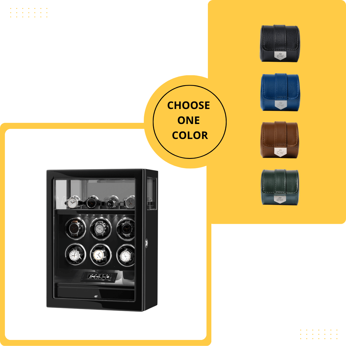 Gift Set: Fingerprint 6 Watch Winder + Vegan Leather Single Wacth Roll