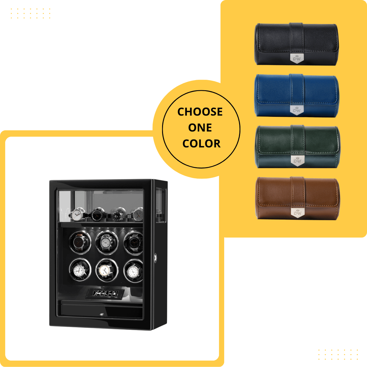 Gift Set: Fingerprint 6 Watch Winder + Vegan Leather Double Wacth Roll