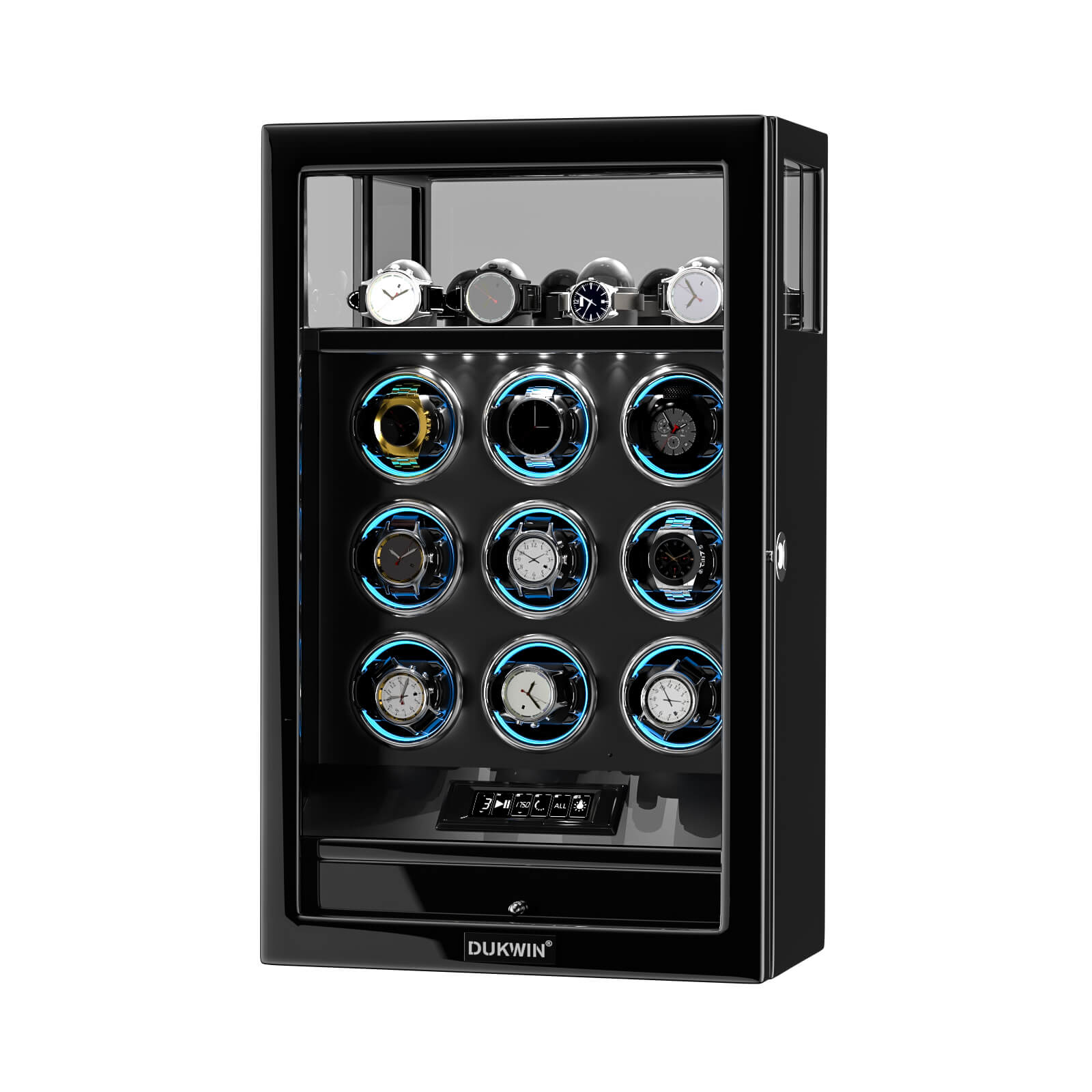 Remontoir 9 montres avec rangement supplémentaire pour 4 montres, écran LCD, télécommande, verrouillage par empreinte digitale - Noir