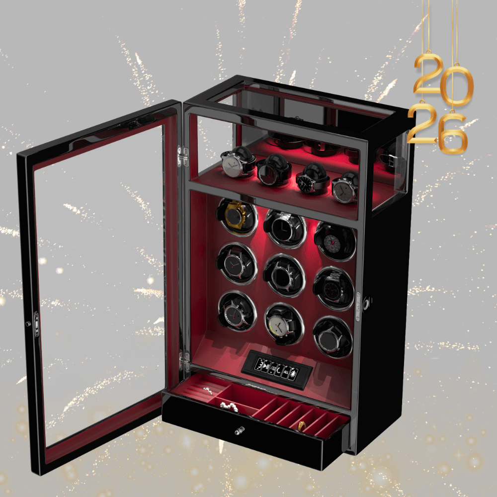 Verrouillage D'empreinte Digitale 9 Remontoirs De Montre Avec 4 Supports De Montre Stockage Télécommande LCD - Rouge