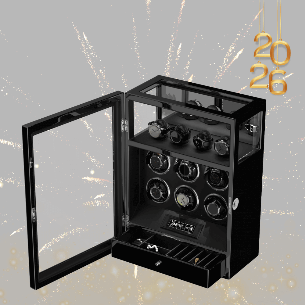 Verrouillage D'empreintes Digitales 6 Remontoirs De Montres Avec Télécommande LCD De Stockage De Montres Supplémentaires - Noir