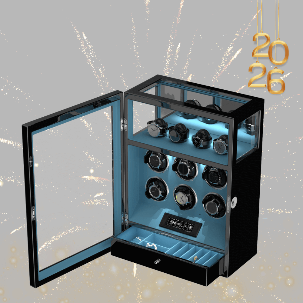 Verrouillage d'empreintes digitales 6 remontoirs de montres avec télécommande LCD de stockage de montres supplémentaires - Bleu Tiffany