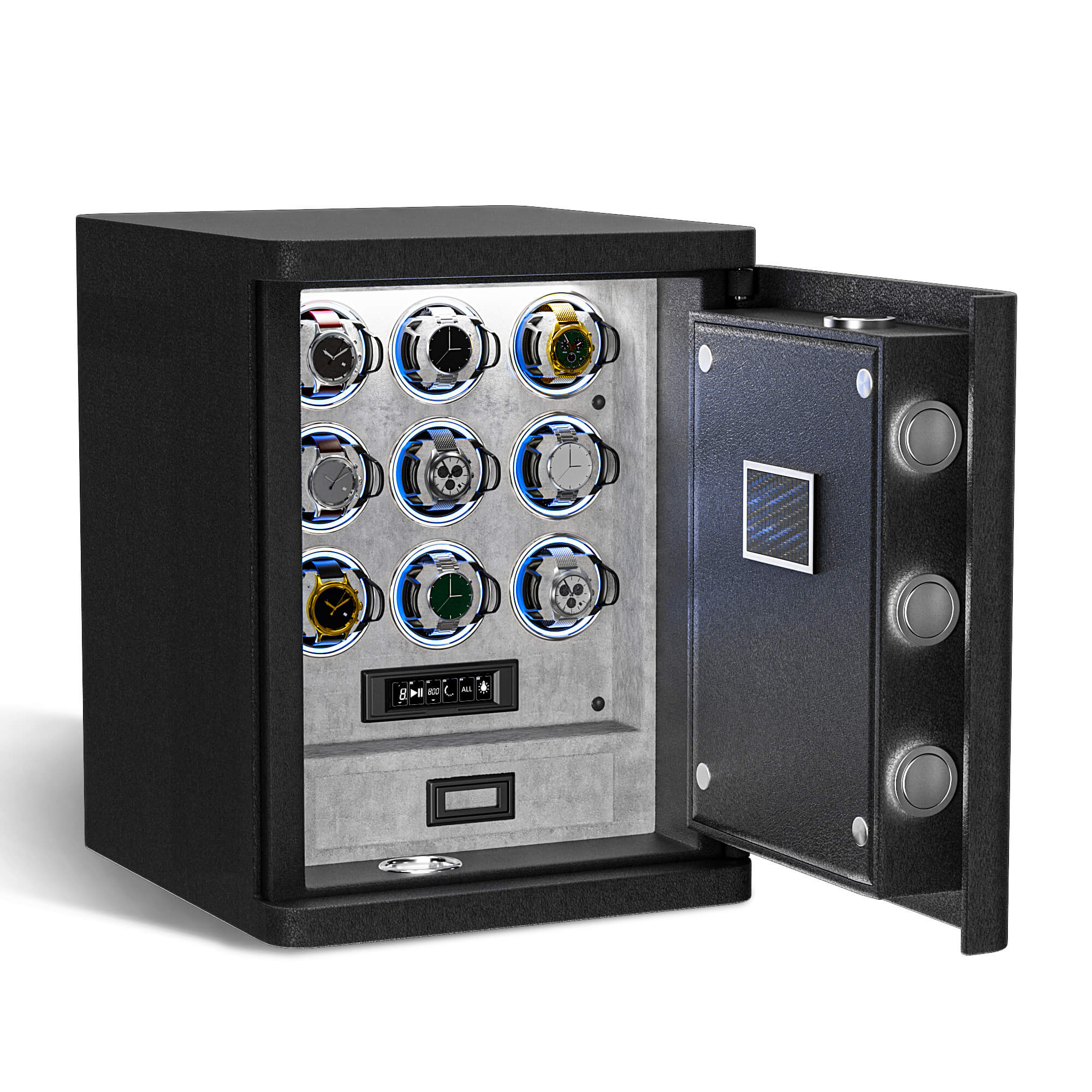 Coffre-fort 9 montres en acier massif haute résistance – Accès par empreinte digitale, verrouillage par clavier numérique et éclairage RGB – Gris