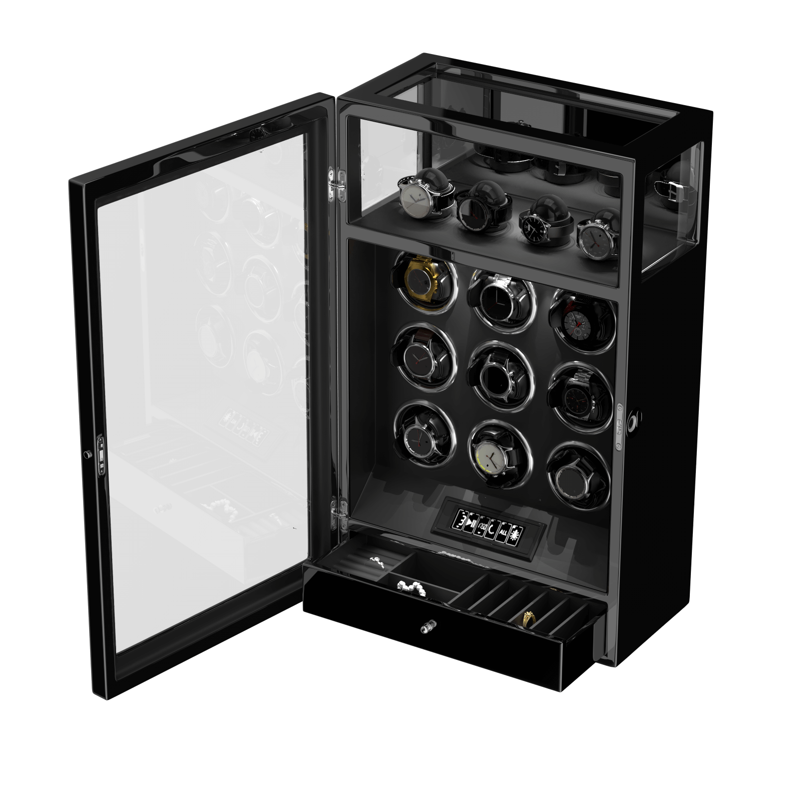 Remontoir 9 montres avec rangement supplémentaire pour 4 montres, écran LCD, télécommande, verrouillage par empreinte digitale - Noir