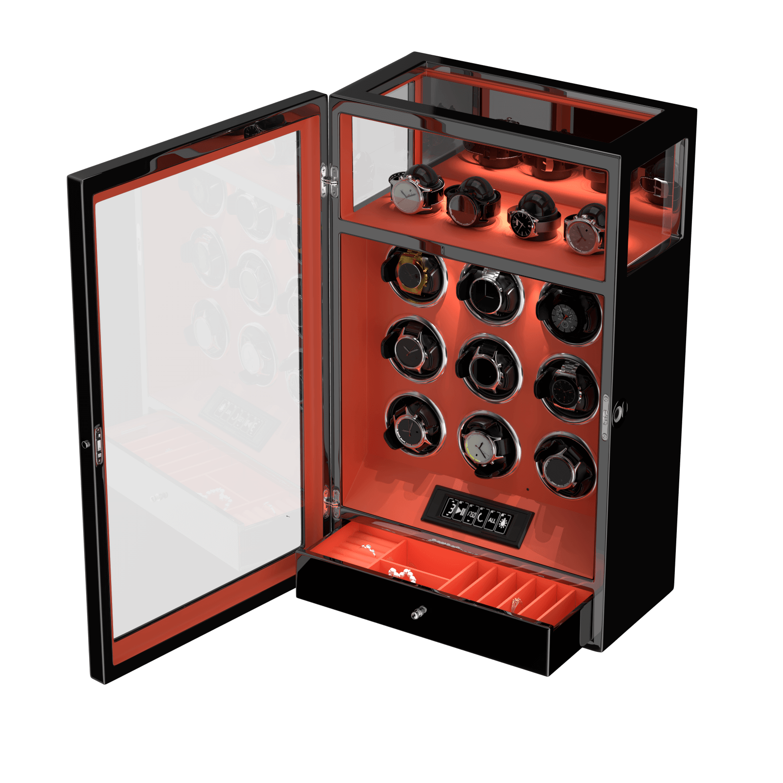 Cadeau de Saint-Valentin - Remontoir à 9 montres avec serrure à empreinte digitale, rangement supplémentaire pour 4 montres, télécommande LCD - Orange Flamme