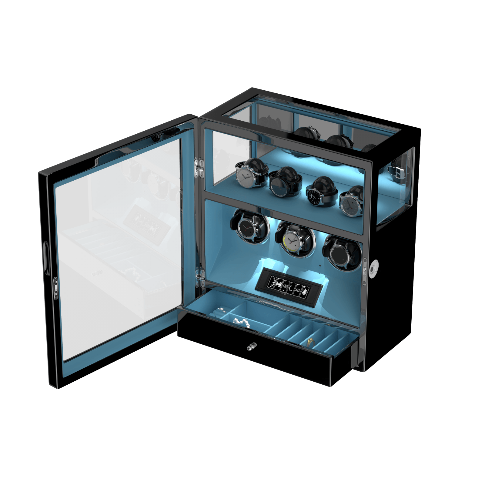 Cadeau de Saint-Valentin - Remontoir à 3 montres avec serrure à empreinte digitale, rangement pour 4 montres supplémentaires, télécommande LCD - Bleu Tiffany
