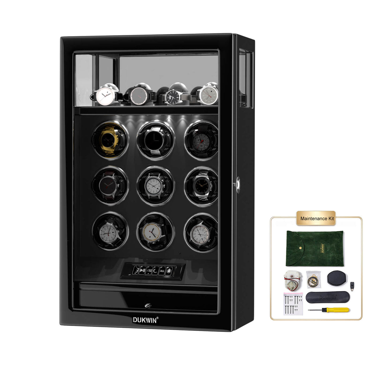 Remontoir 9 montres avec rangement supplémentaire pour 4 montres, écran LCD, télécommande, verrouillage par empreinte digitale - Noir