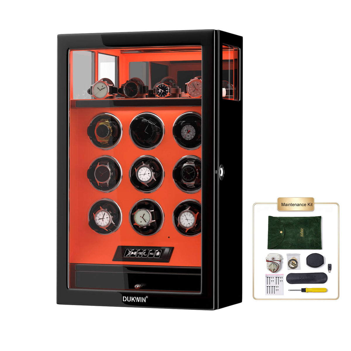 Remontoir à 9 montres avec verrouillage par empreinte digitale et rangement supplémentaire pour 4 montres, télécommande LCD - Orange flamme